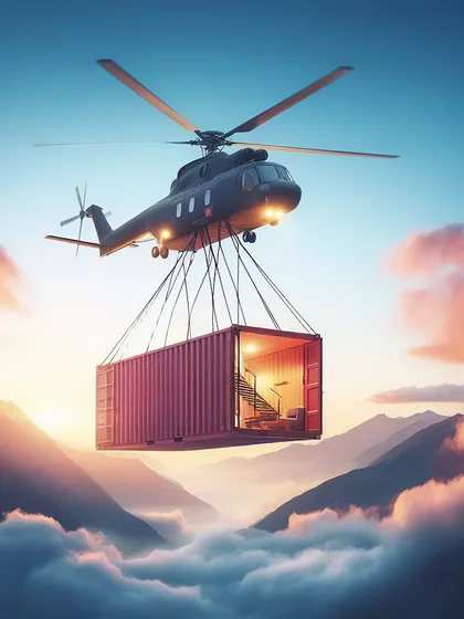A conceptual image of a container home being airlifted over mountains at sunset.