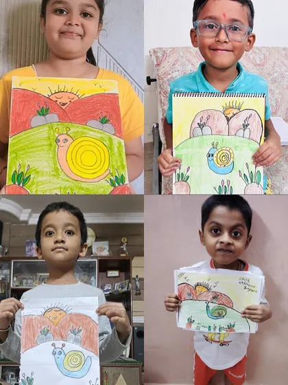 Even simple subjects like a snail can become a masterpiece in the hands of a child. I am so proud of the vibrant and cheerful scenes my online students have created here.