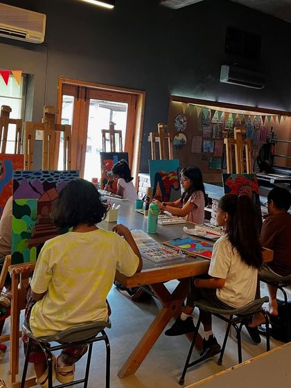 A wide shot of the studio during our David Hockney workshop, with students at various stages of their landscape paintings.
