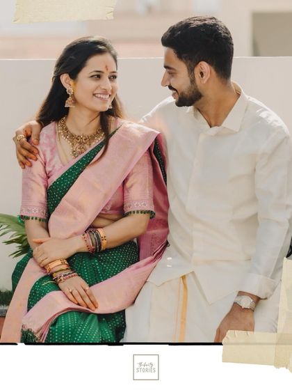 A sweet, candid moment between a couple during their traditional ceremony. The soft smiles and gentle interaction make this a perfect example of authentic couple photography.