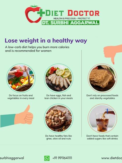 Losing weight in a healthy way often involves a low-carb approach, especially for women. This visual shows the "do's," like focusing on fruits and lean protein, and the "don'ts," like relying on processed foods.