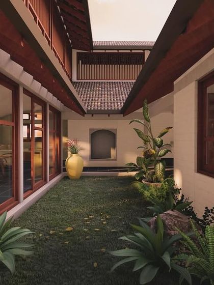 This render shows the internal green courtyard in the Morjim laterite villa, a key feature for natural cooling and creating a connection to the outdoors.