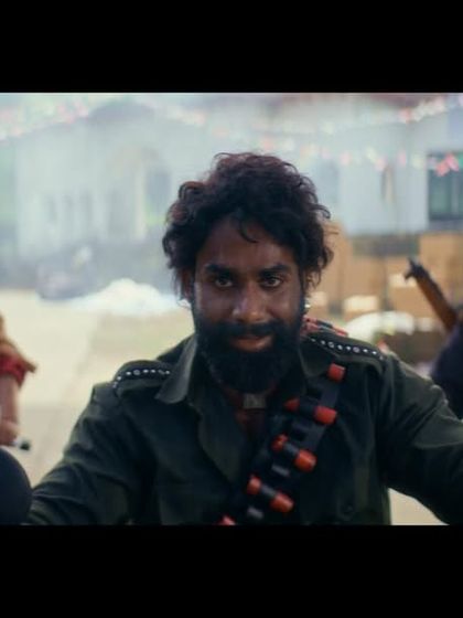 The villain's gang, styled in coordinated rugged outfits with modern combat details like bullet belts, creating a cohesive and intimidating look for this gaming commercial.