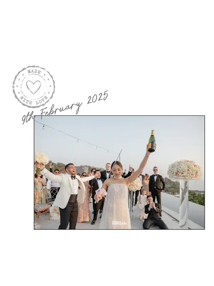 A fun, celebratory shot of the couple making their entrance at the reception, champagne in hand, ready to party with their loved ones.