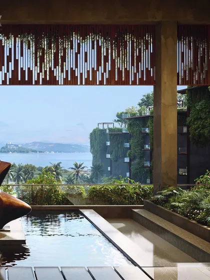 Another interior perspective from the Westin Nashik. The design uses decorative screens and open views to create a layered experience that connects guests to the natural beauty of the location.