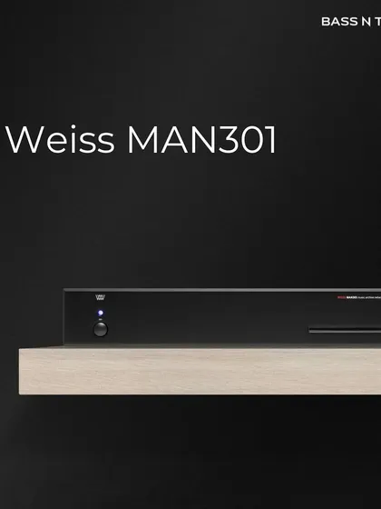 The Weiss MAN301R music streamer, shown here in black, offers a sleek and minimalist aesthetic. It’s a high-end digital hub that supports Roon, Tidal, and Qobuz for a seamless streaming experience.