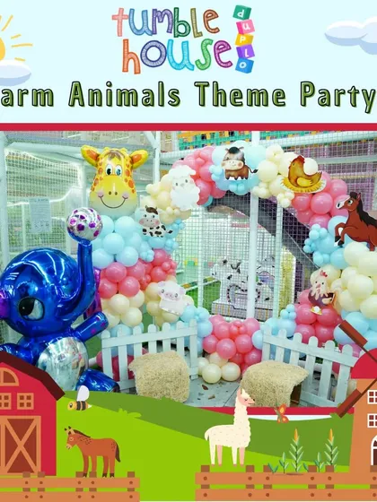 The balloon decor for our Farm Animals theme is full of fun character details, including cows, horses, and pigs, creating a vibrant and welcoming entrance for guests.