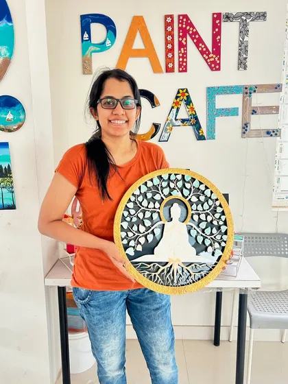 Look at the amazing piece this participant made! This is what it's all about: finding your creative spark and leaving with something you're truly proud of, like this beautiful Buddha-themed wall art.