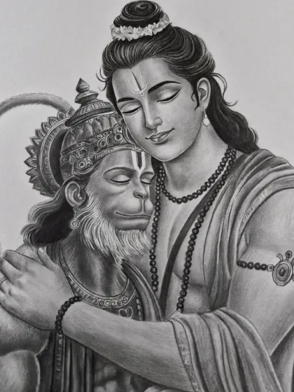A touching portrait of Lord Ram and his devotee Hanuman, showing a moment of divine connection and love.
