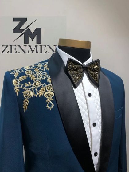 A detailed shot of the custom bow tie and quilted shirt paired with the teal tuxedo. Every element is carefully considered to create a harmonious and luxurious final product.