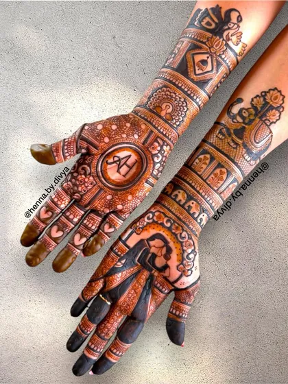 A unique design for a 25th wedding anniversary. This piece combines traditional motifs like the kalash and peacock with the couple's initials 'AH' for a personalized touch.