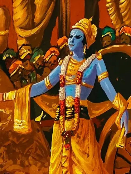 A closer look at Lord Krishna on his chariot from the Dwarka painting. This detail highlights his serene expression and open arms as he greets the citizens of his kingdom.