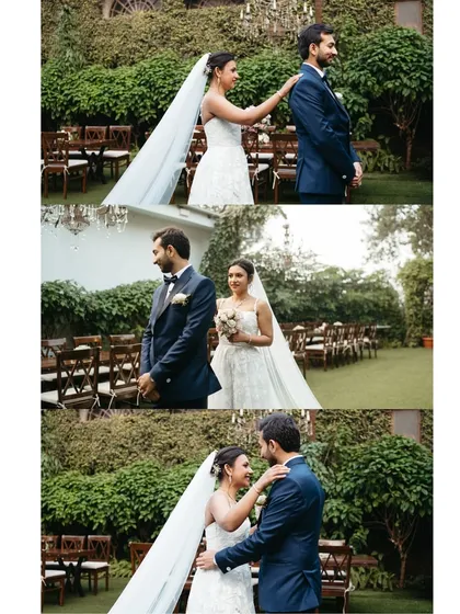 A different perspective of the first look, showing the bride gently touching the groom's shoulder to reveal herself. A beautiful start to their wedding day story.