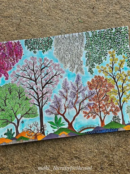 Inspired by the beautiful spring blooms of Bangalore, this painting is a tribute to my city. It captures the variety of trees like Jacaranda and Gulmohar, filled with tiny details of life enjoying nature.