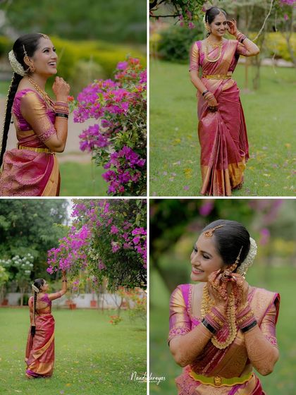 A four-in-one collage of the bride, showing different poses and expressions. This is a great way to capture the versatility of her bridal look.