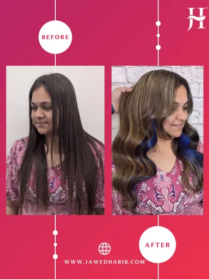 A perfect example of how colour can change your entire look. We went from simple dark hair to a layered, wavy style with a beautiful base colour and a pop of electric blue. This is a custom colour and style transformation that shows personality.