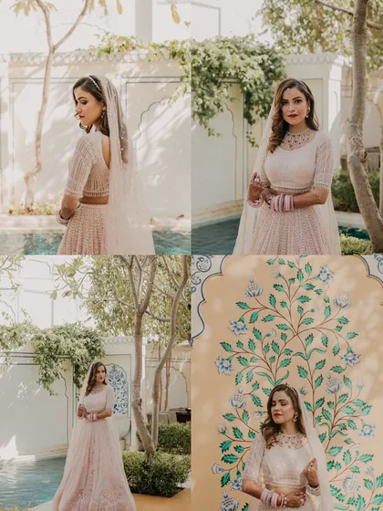 A collection of bridal portraits showcasing the bride's elegance against various stunning backdrops within the palace, from poolside to intricately painted walls.