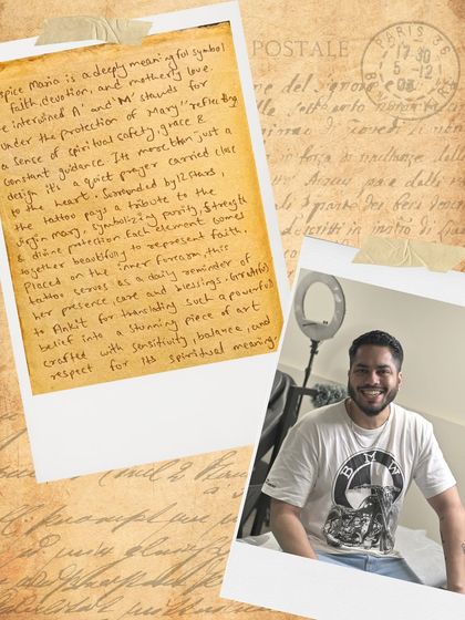 Austin's handwritten note detailing the spiritual meaning of his Auspice Maria tattoo and thanking the artist for crafting it with sensitivity and respect.