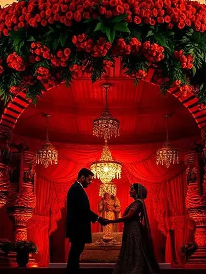A truly romantic moment captured under a magnificent mandap we designed. The structure is enveloped in thousands of red roses, with crystal chandeliers adding a warm glow, creating a dramatic and opulent setting for the couple's special ceremony.