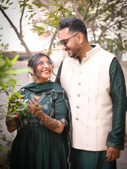 A candid moment of laughter and love between a couple at their Mehendi event. My goal is to capture these natural interactions that truly reflect their relationship.