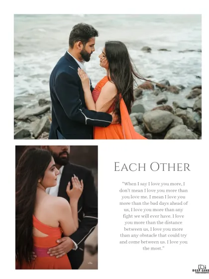 A two-panel image featuring a close-up of the couple's embrace and a wider shot of them against the sea, telling a story of intimacy and grandeur.