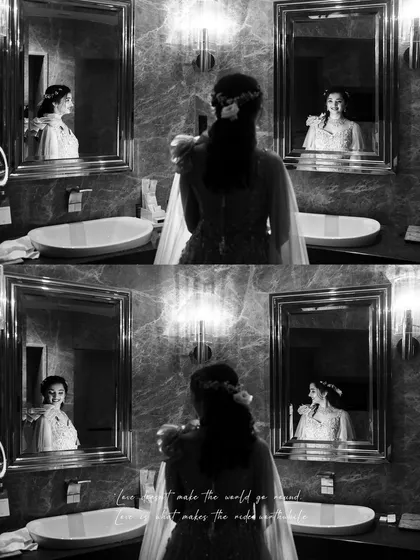 An artistic black and white collage of the bride looking at her reflection, a thoughtful and creative shot.