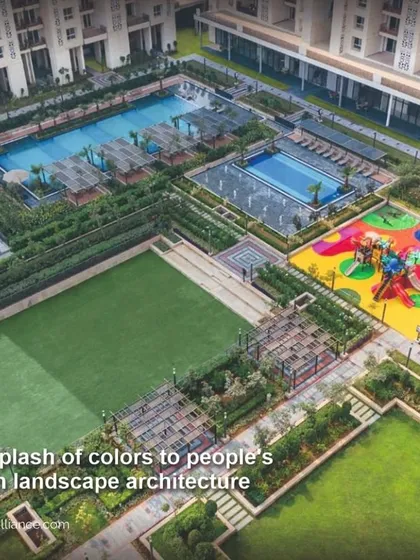 A vibrant and colorful landscape at a Mapsko project, featuring a bright playground, a pristine lawn, and a well-appointed pool area. We use landscape architecture to add color and joy to people's lives, creating spaces that are both beautiful and functional.