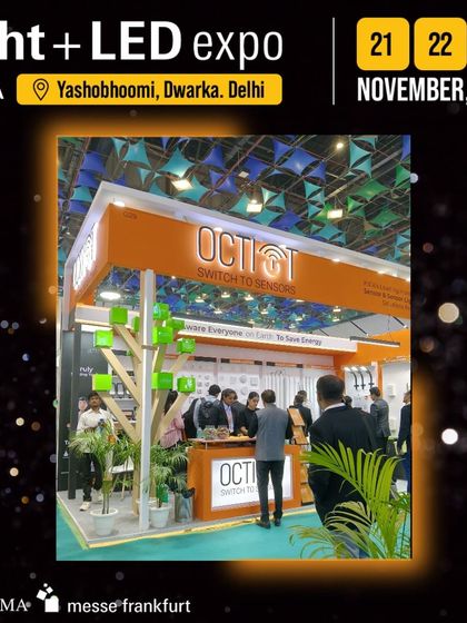 The Octiot booth, themed "Switch to Sensors," creatively uses a tree-like structure to display its smart sensor technology.