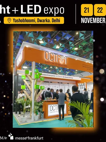 The Octiot booth, themed "Switch to Sensors," creatively uses a tree-like structure to display its smart sensor technology.