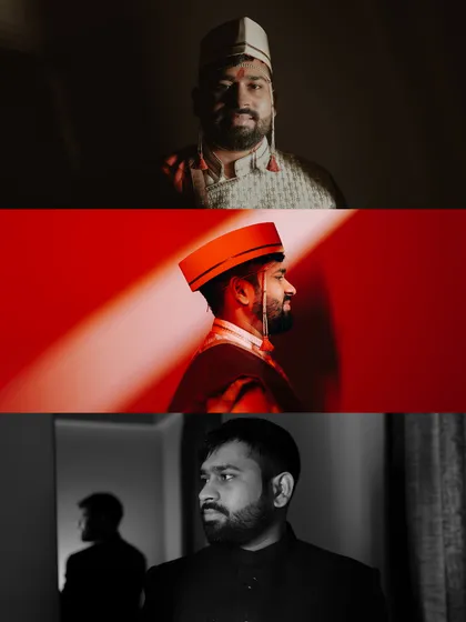 Dramatic portraits of the groom, using creative lighting with red and shadow to build anticipation for the wedding.