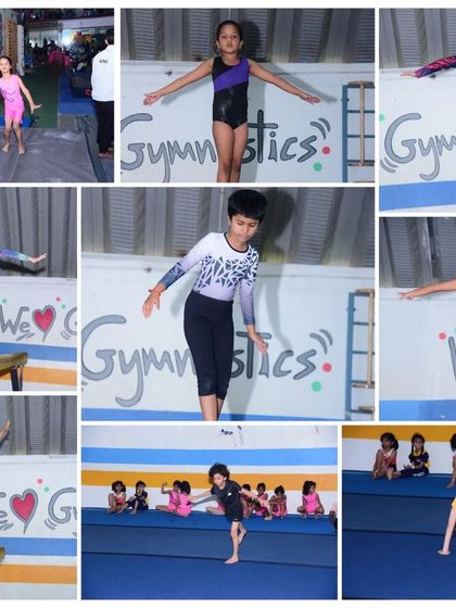 A collection of photos and videos showing our gymnasts training on various artistic apparatuses, including the balance beam, bars, and floor.
