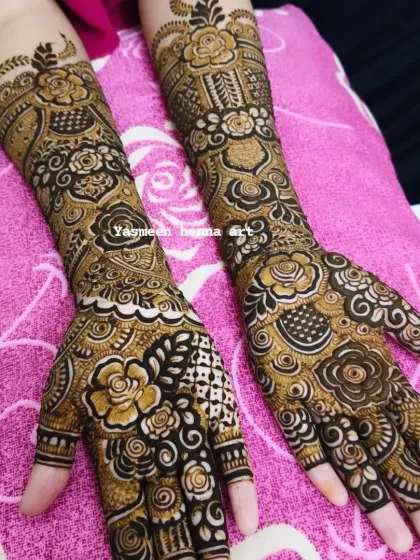 A collection of my floral-heavy bridal designs. I love using roses and leafy vines to create a flowing, elegant look that covers the hands and arms.