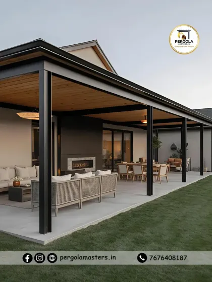 We design pergolas that feel like a natural extension of your home. This large rafter and solid roof combination covers an expansive patio with multiple seating areas, blending functionality with a cohesive architectural look.