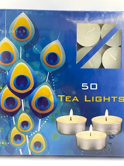 I also offer tealights in this beautiful blue box with a peacock feather design, which is perfect for festive seasons or gifting. It also contains a pack of 50 tealights.