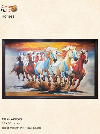 A relief work on ply by Sanjay Vachhani, where seven colorful horses are sculpted from natural sand, creating a unique, textured artwork.
