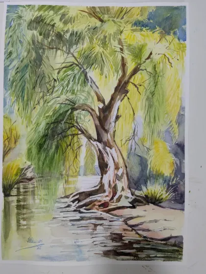 A magnificent weeping willow tree painted in watercolor by H. Basur from our hobby class. Her control of the medium and attention to detail is truly admirable.