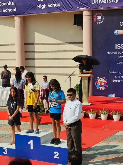 Yuvika Sharma on the podium at the ISSO Games. Her three individual gold medals earned her the maximum points by any swimmer in the entire meet.