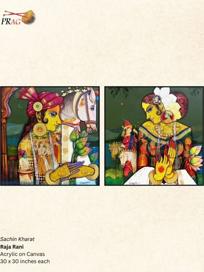 'Raja Rani' by Sachin Kharat, a diptych showing royal figures with intricate, embossed details that give the artwork a unique textural quality.