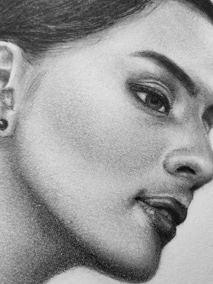 A close-up of the Diljot Chhabra WIP, focusing on the realistic skin texture and the precise details of her eye and ear.