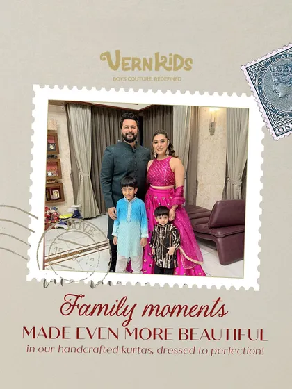 Family moments made even more beautiful. This lovely family portrait features two boys in our handcrafted kurtas, dressed to perfection.