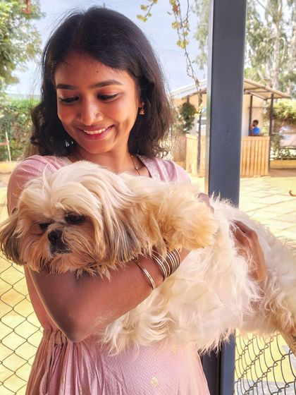 A guest holds a sleepy-eyed Shih Tzu, enjoying a peaceful cuddle.
