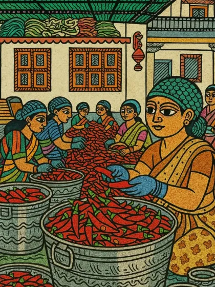 This Madhubani-style art, created with the help of AI, beautifully captures our process of making Lal Mirch Bharua Achar. From sorting the fresh Banarasi red chilies to sun-drying and packing them into jars, it celebrates the blend of our heritage, art, and the love we put into every jar.