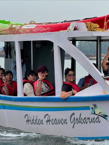 Our group on the "Hidden Heaven Gokarna" boat, ready for a day of island hopping and exploring private beaches.