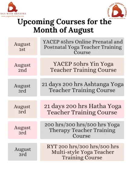 The schedule for our foundational and specialized TTCs in August, featuring Prenatal, Yin, Ashtanga, Hatha, and multi-style yoga.