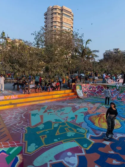 Another angle of the completed park, showing the sheer density of the artwork and how it transformed the concrete landscape.