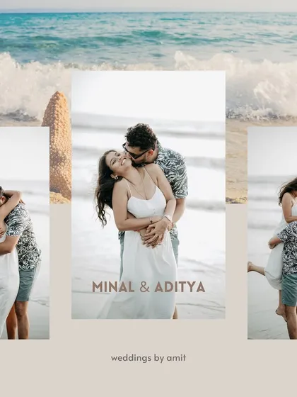 A beautiful collage capturing the essence of a beach romance, from playful lifts to tender kisses on the cheek.
