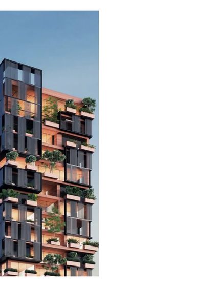 A rendering of a tall house in Bombay. Our commissions in the city are an opportunity to challenge mediocre development and create architecture with soul.