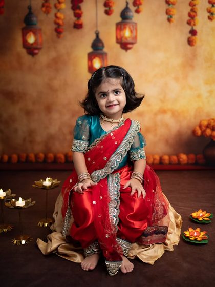 A lovely seated portrait in her festive attire, showcasing the beautiful details of the traditional Marathi saree and jewelry.