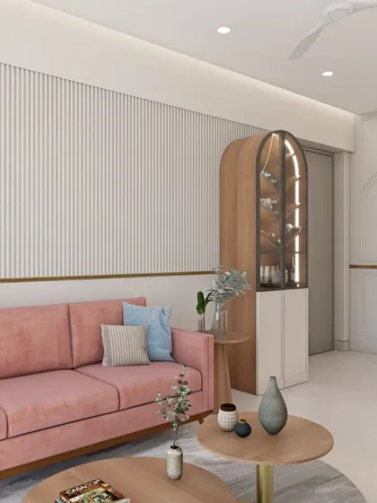 A 3D render of the Vora House living room. This was our initial proposal, showing the blush sofa and arched bar unit, which came to life almost exactly as planned.