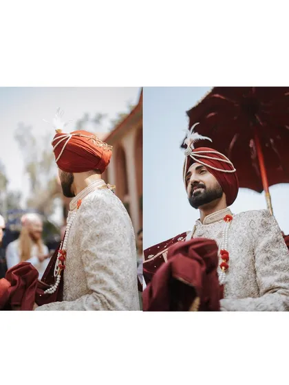 A diptych of the groom during his baraat, looking regal under a traditional umbrella.
